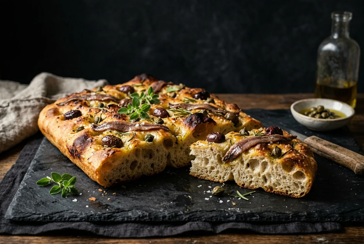 Focaccia mit Sardellen und Kapern
