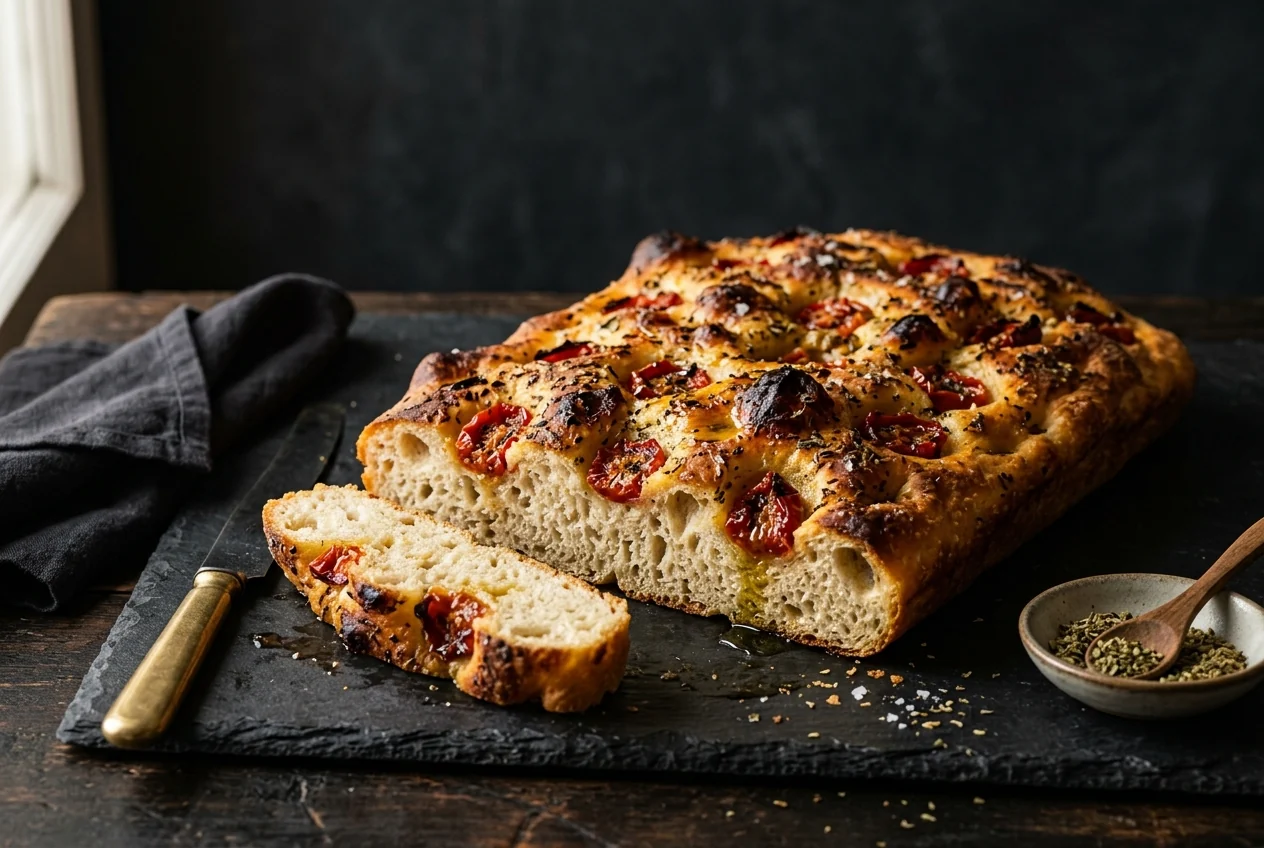 Focaccia mit getrockneten Tomaten und Oregano