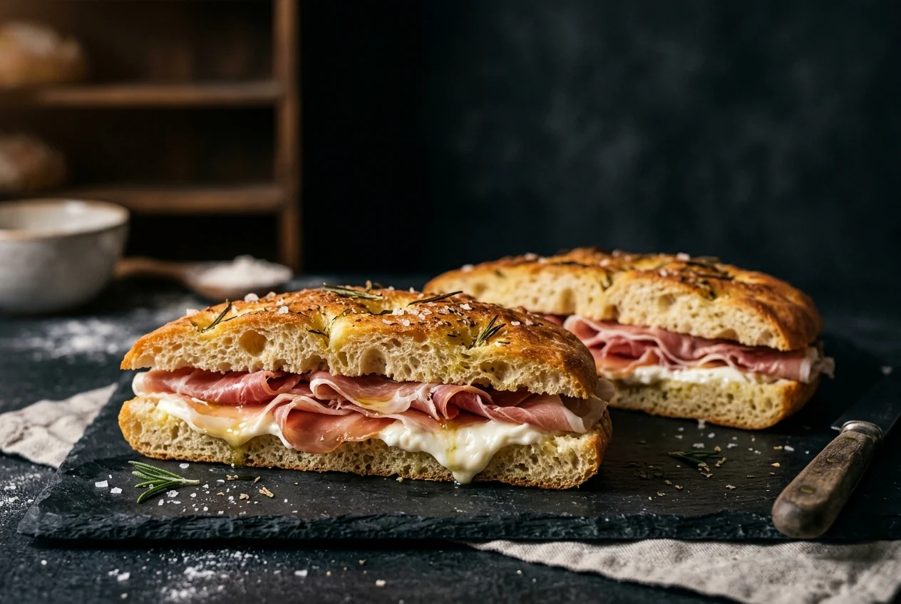 Focaccia mit Rohschinken und Stracchino